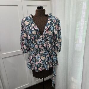Loft Floral Wrap Top Linen Blend Surplice Neckline Tie Waist Size XL